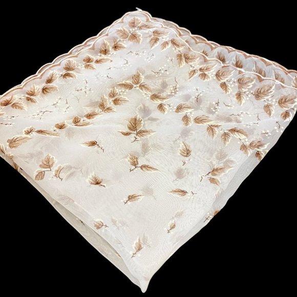Vintage 1960s Semi-Sheer Lady Handkerchief White and Brown Floral 14x14 in - Picture 2 of 4